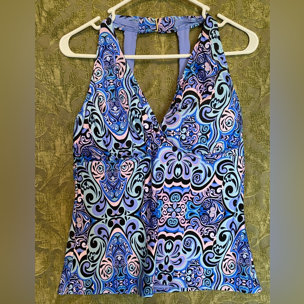 Purple/blue/pink/black print tankini top by Jantzen, bra-sized 38D/DD